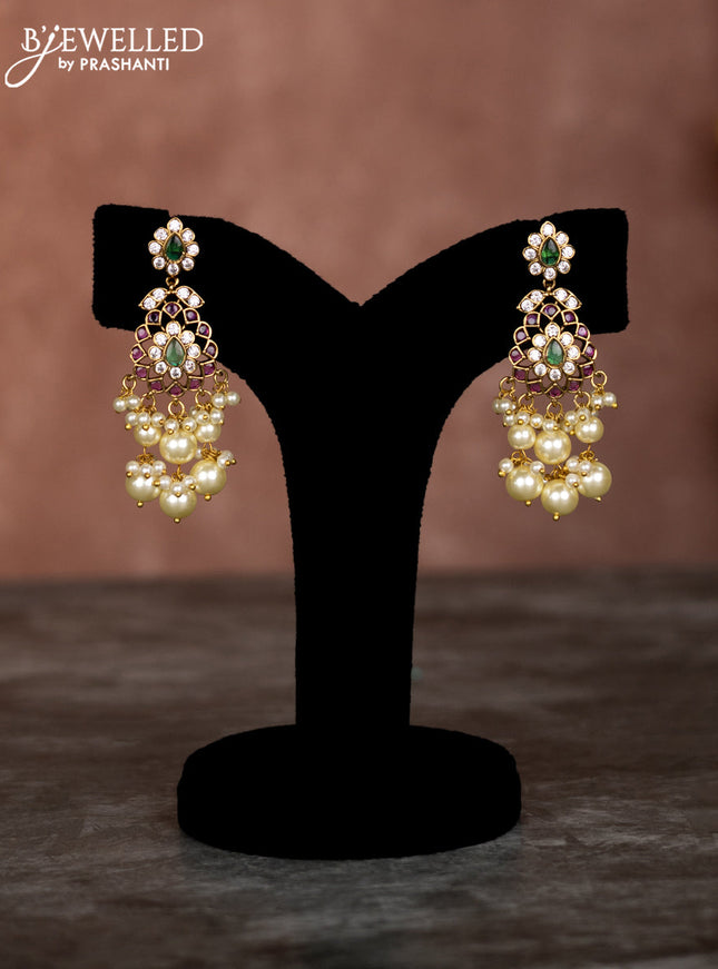 Beaded multilayer mint green necklace with kemp & cz stones and pearl hangings in victorian finish