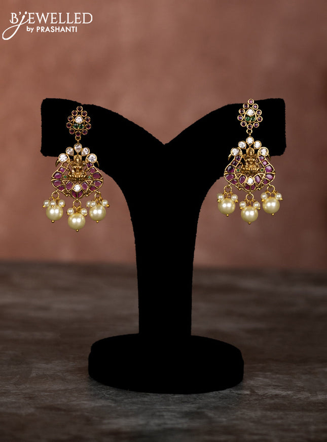 Beaded multilayer violet necklace lakshmi pendant with kemp & cz stones and pearl hangings