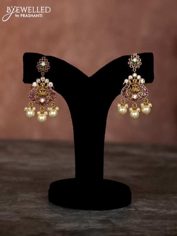 Beaded multilayer violet necklace lakshmi pendant with kemp & cz stones and pearl hangings