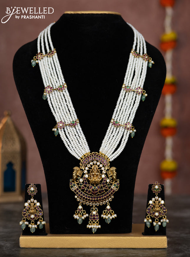 Beaded multilayer white necklace lakshmi pendant with kemp & cz stones and pearl hangings