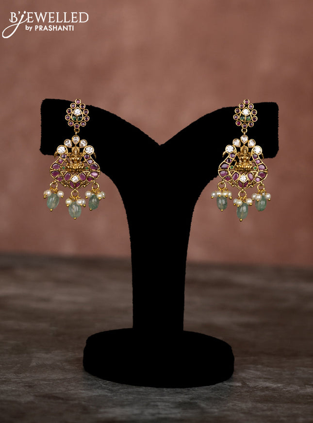 Beaded multilayer white necklace lakshmi pendant with kemp & cz stones and pearl hangings