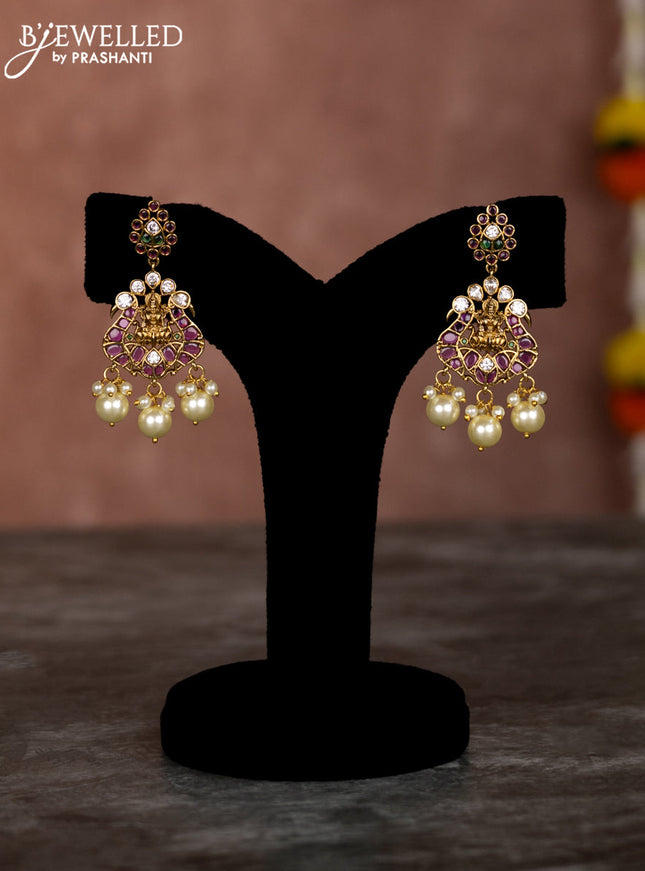 Beaded multilayer maroon necklace lakshmi pendant with kemp & cz stones and pearl hangings