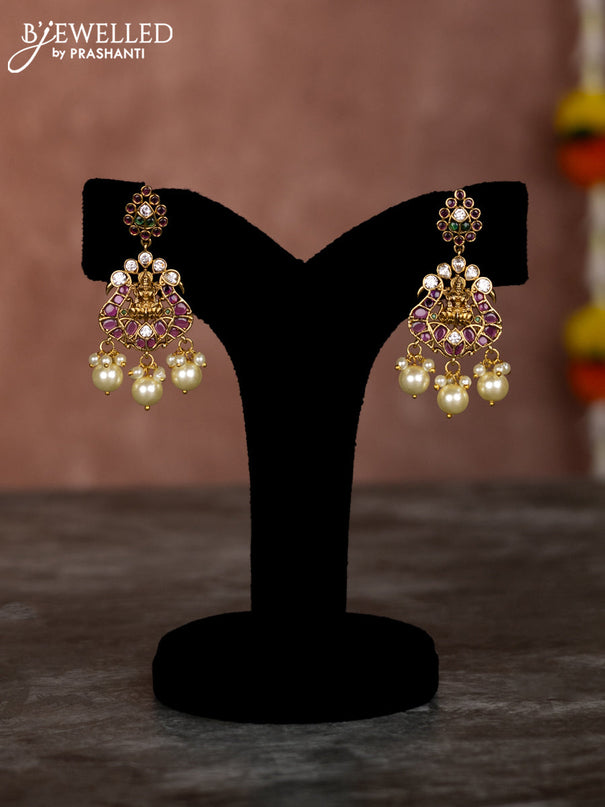Beaded multilayer maroon necklace lakshmi pendant with kemp & cz stones and pearl hangings