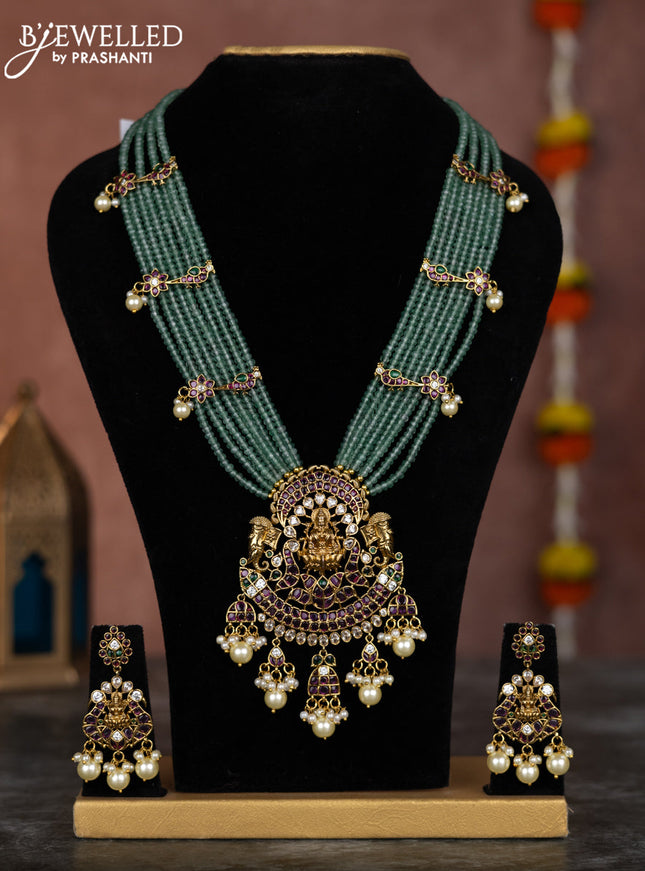 Beaded multilayer mint green necklace lakshmi pendant with kemp & cz stones and pearl hangings