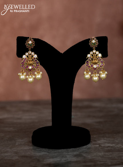 Beaded multilayer mint green necklace lakshmi pendant with kemp & cz stones and pearl hangings