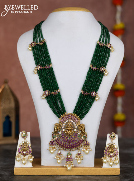 Beaded multilayer green necklace lakshmi pendant with kemp & cz stones and pearl hangings