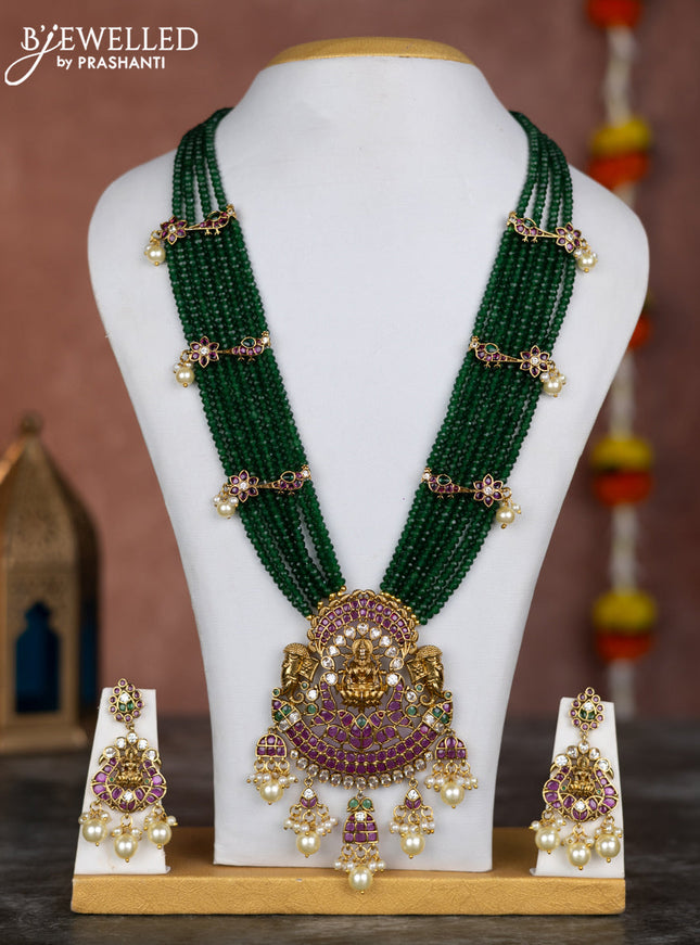 Beaded multilayer green necklace lakshmi pendant with kemp & cz stones and pearl hangings