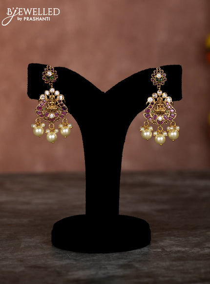 Beaded multilayer green necklace lakshmi pendant with kemp & cz stones and pearl hangings