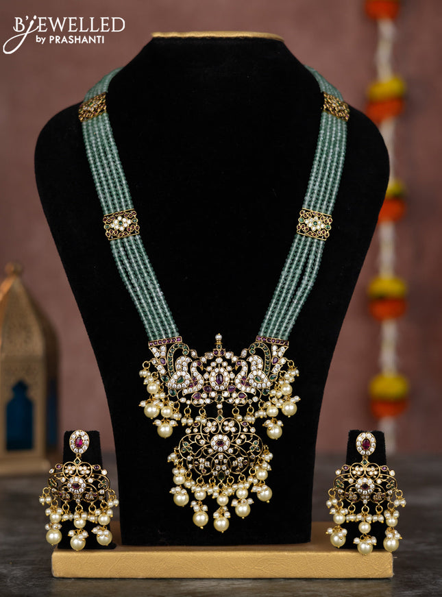 Beaded multilayer mint green necklace with zircon ,kemp & cz stones and pearl hangings
