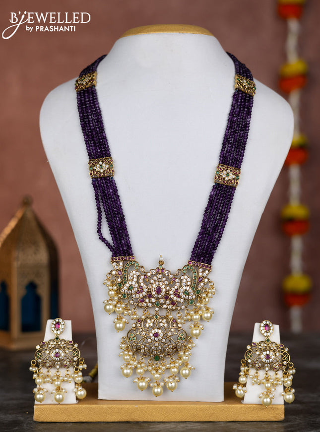 Beaded multilayer voilet necklace with zircon ,kemp & cz stones and pearl hangings