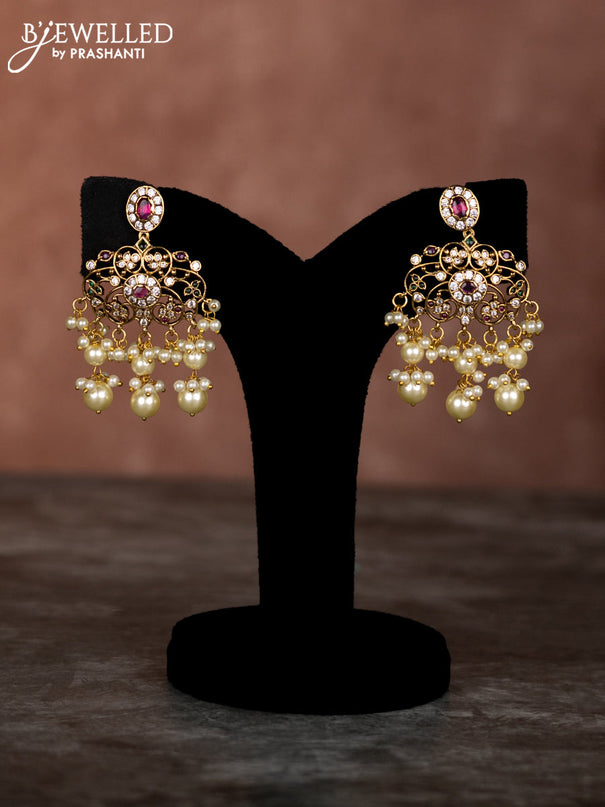 Beaded multilayer voilet necklace with zircon ,kemp & cz stones and pearl hangings