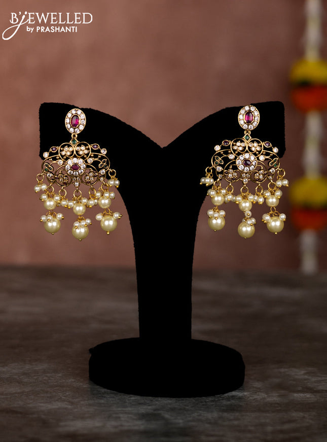 Beaded multilayer maroon necklace with zircon ,kemp & cz stones and pearl hangings