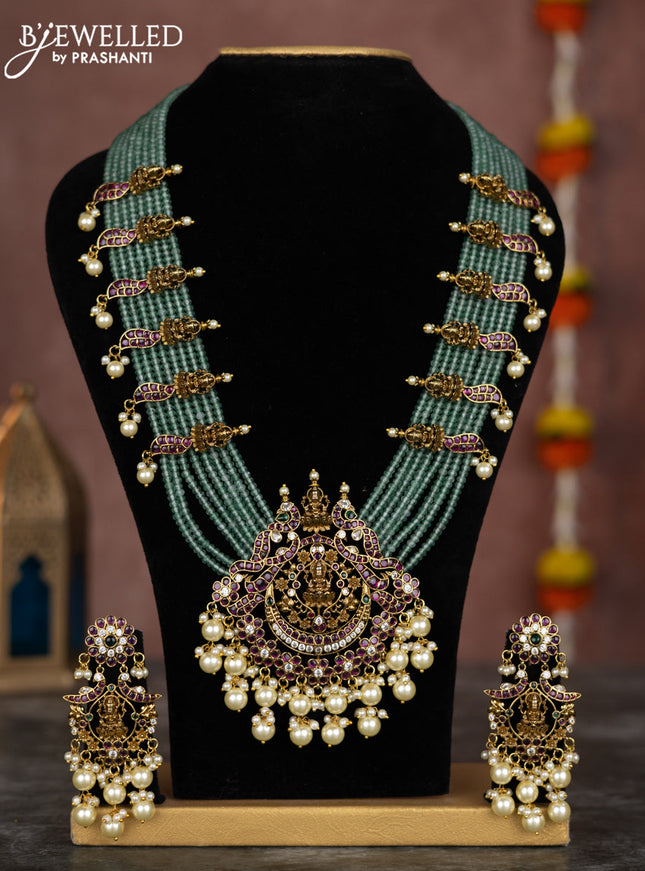 Beaded multilayer mint green necklace lakshmi pendant with kemp & cz stones and pearl hangings