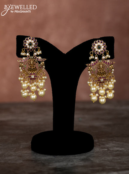 Beaded multilayer maroon necklace lakshmi pendant with kemp & cz stones and pearl hangings