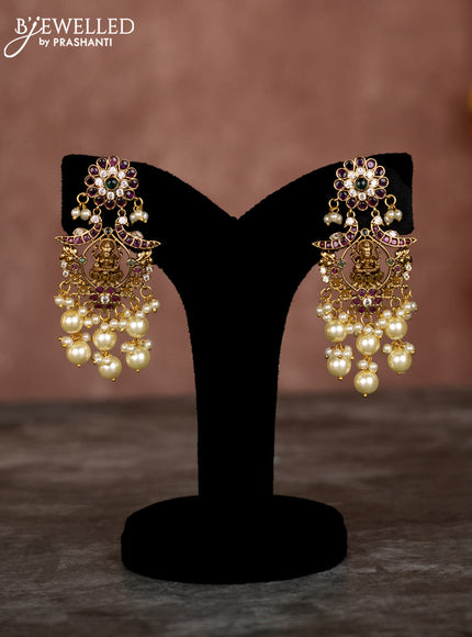 Beaded multilayer white necklace lakshmi pendant with kemp & cz stones and pearl hangings