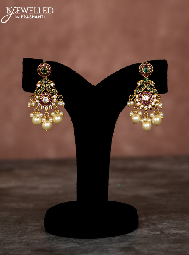 Beaded multilayer green necklace with kemp & cz stones and pearl hangings in victorian finish