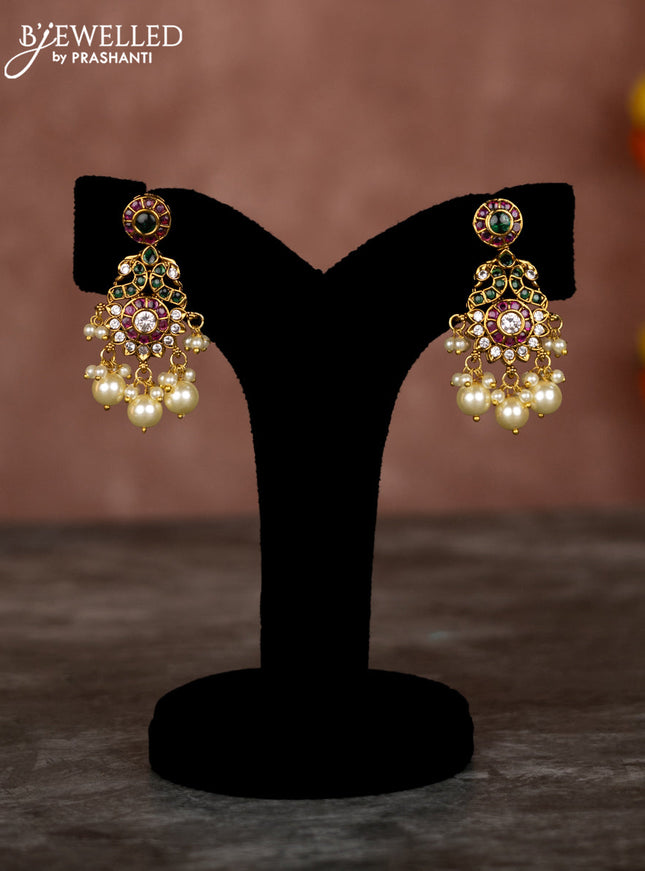 Beaded multilayer mint green necklace with kemp & cz stones and pearl hangings in victorian finish