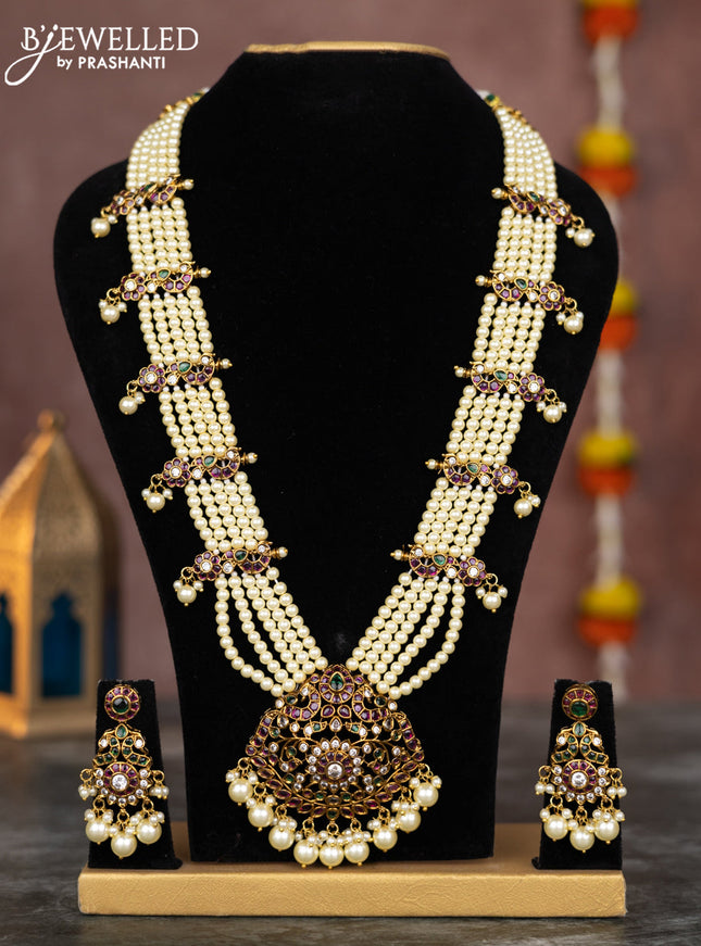 Pearl multilayer necklace with kemp & cz stones and pearl hangings