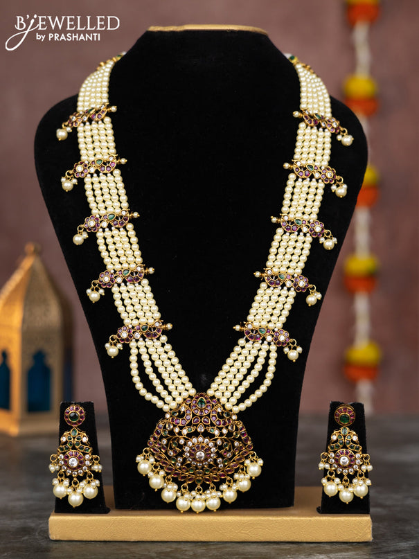 Pearl multilayer necklace with kemp & cz stones and pearl hangings