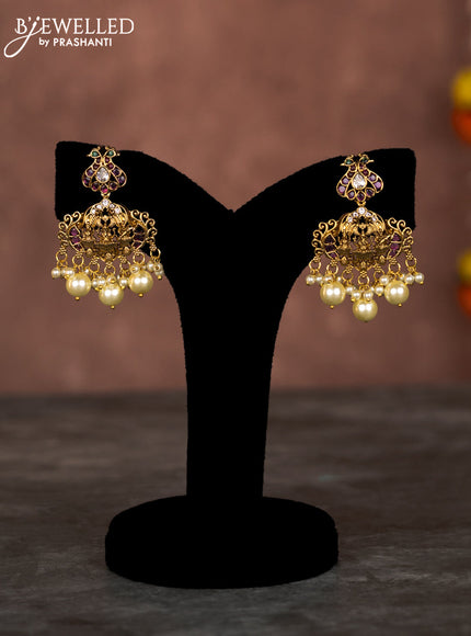 Beaded multilayer maroon necklace sidhi pudhi ganesha pendant with kemp & cz stones and pearl hangings in victorian finish