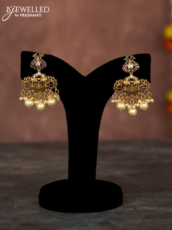 Beaded multilayer maroon necklace sidhi pudhi ganesha pendant with kemp & cz stones and pearl hangings in victorian finish