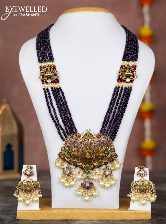 Beaded multilayer purple necklace sidhi pudhi ganesha pendant with kemp & cz stones and pearl hangings in victorian finish
