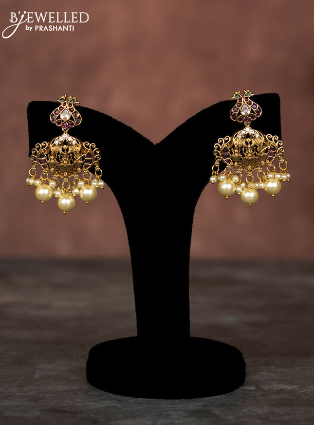 Beaded multilayer purple necklace sidhi pudhi ganesha pendant with kemp & cz stones and pearl hangings in victorian finish