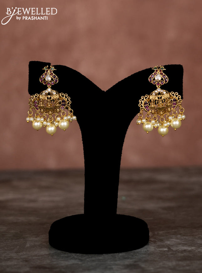 Beaded multilayer green necklace sidhi pudhi ganesha pendant with kemp & cz stones and pearl hangings in victorian finish