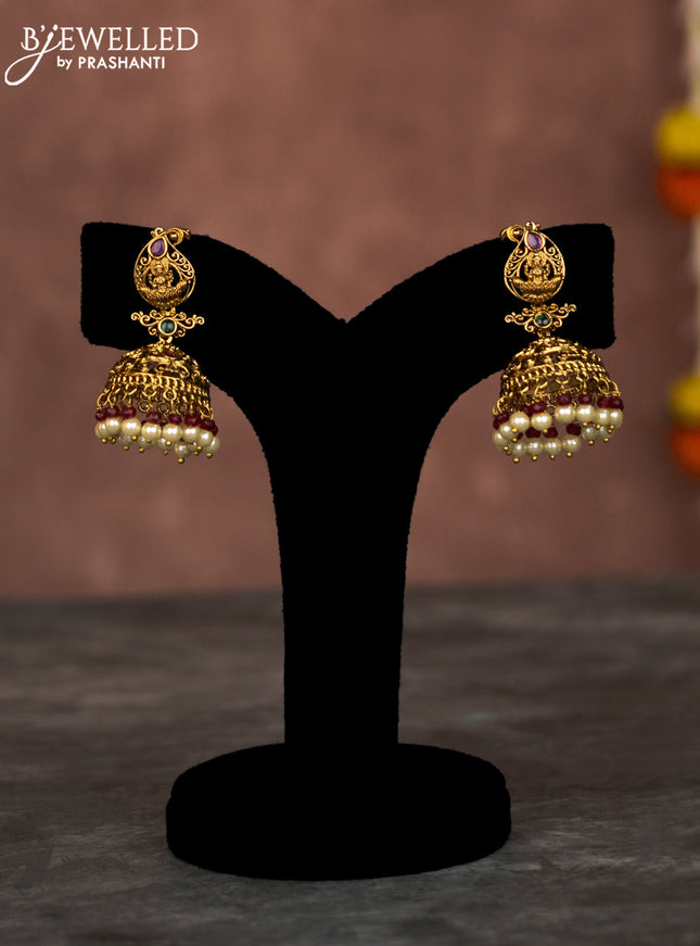 Beaded multilayer maroon necklace lakshmi pendant with kemp & cz stones and pearl hangings in victorian finish