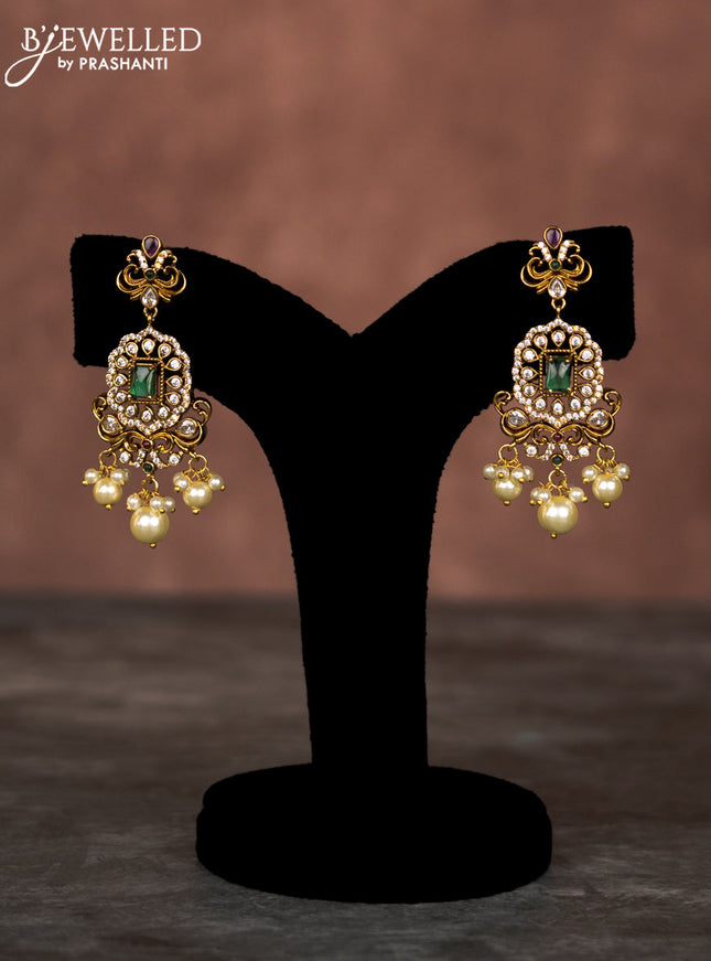 Beaded multilayer maroon necklace elephant design with kemp & cz stones and pearl hangings in victorian finish