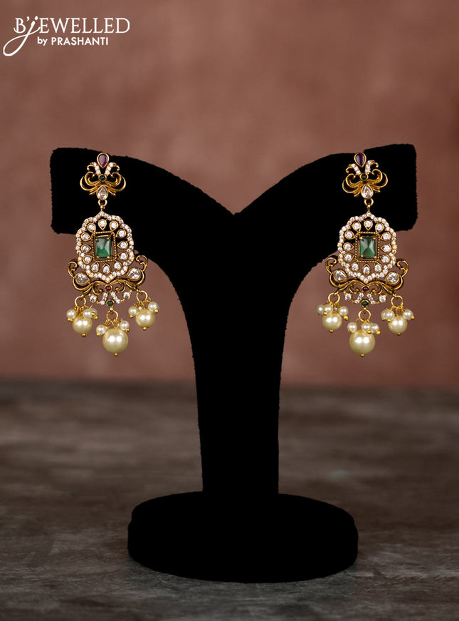 Beaded multilayer green necklace elephant design with kemp & cz stones and pearl hangings in victorian finish