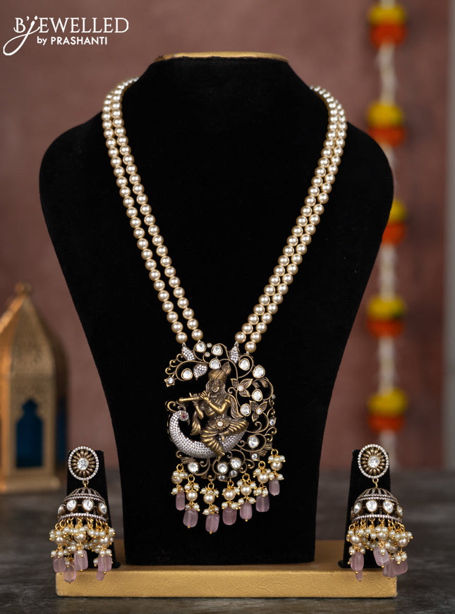 Pearl double layer necklace krishna pendant with kundan & cz stones and pearl & baby pink beads hangings in victorian finish