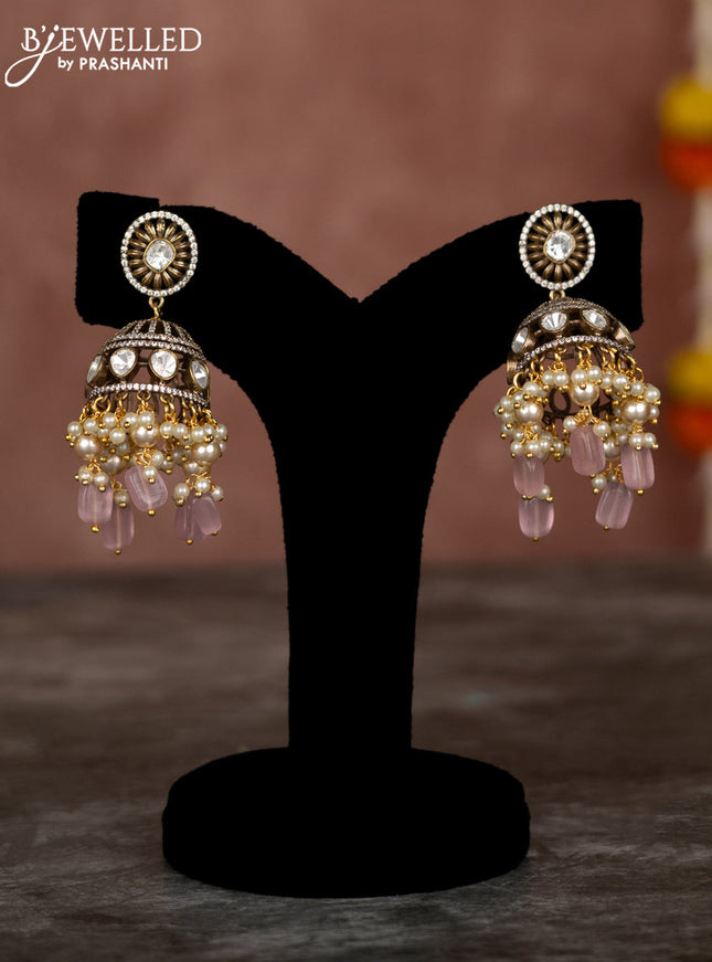 Pearl double layer necklace krishna pendant with kundan & cz stones and pearl & baby pink beads hangings in victorian finish