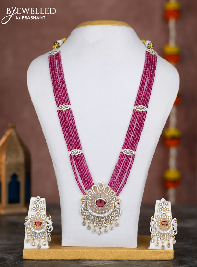 Beaded multilayer pink necklace with ruby & cz stones and hangings