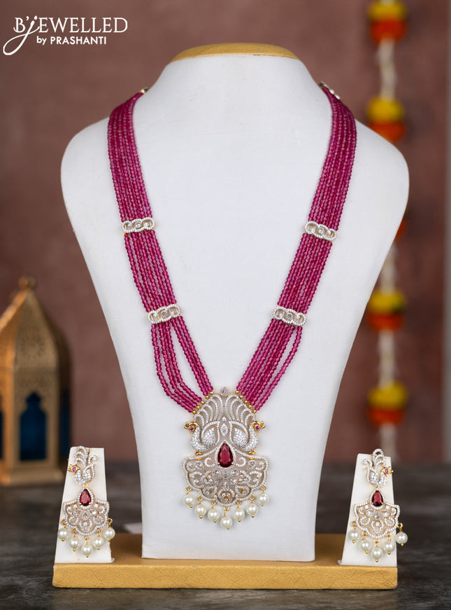 Beaded multilayer pink necklace peacock design with ruby & cz stones and hangings