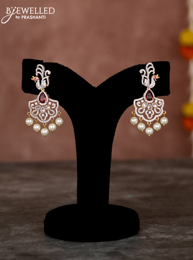 Beaded multilayer pink necklace peacock design with ruby & cz stones and hangings