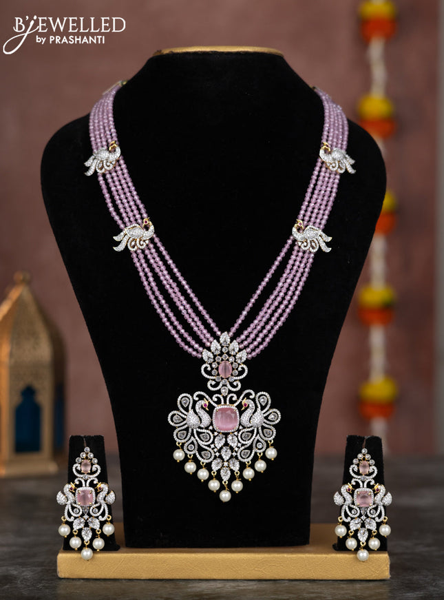 Beaded multilayer baby pink necklace peacock design with cz stones and hangings