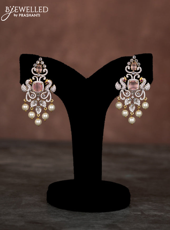 Beaded multilayer baby pink necklace peacock design with cz stones and hangings