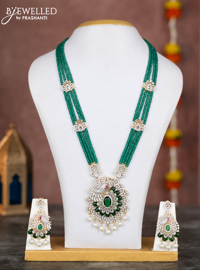 Beaded multilayer green necklace with emerald & cz stones and pearl hangings