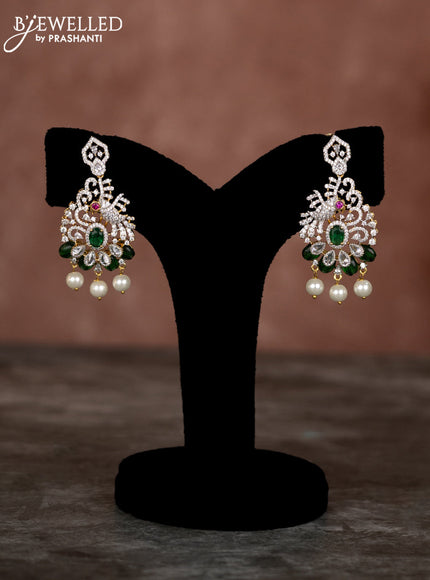 Beaded multilayer green necklace with emerald & cz stones and pearl hangings