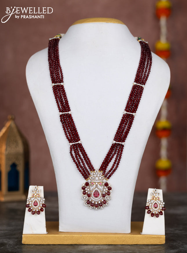Beaded multilayer maroon necklace with ruby and cz stones