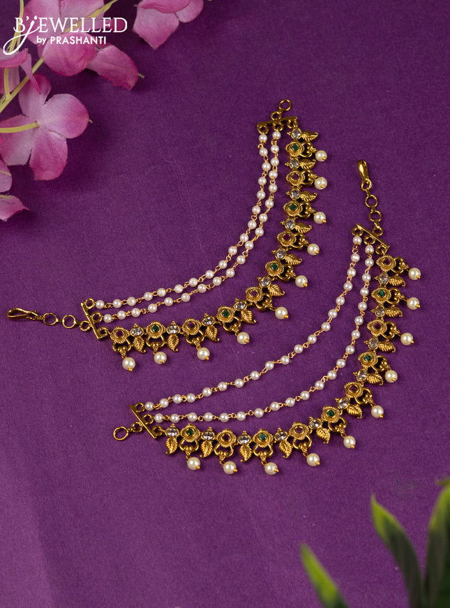 Antique triple layer maatal with kemp & cz stones and pearl hangings