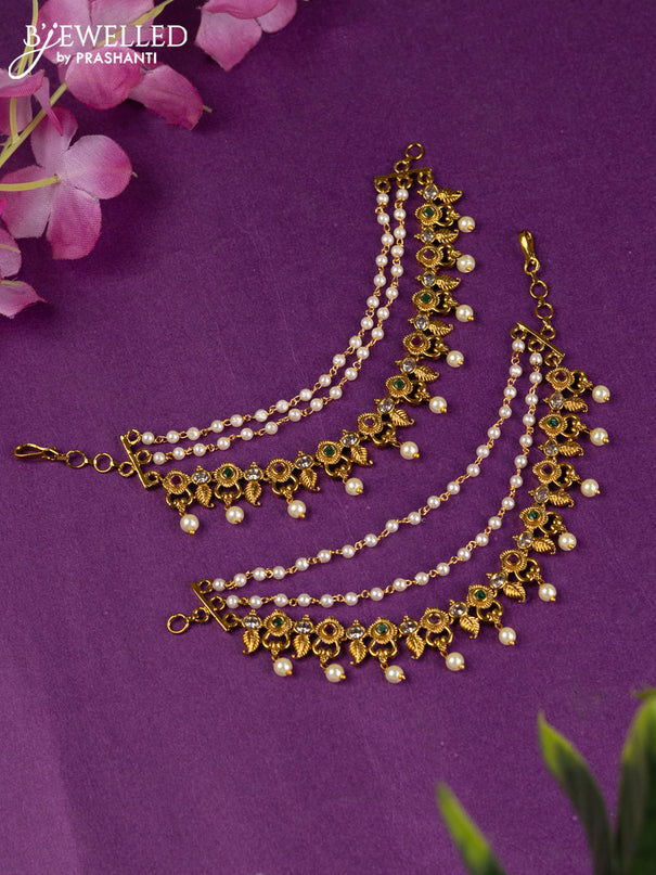 Antique triple layer maatal with kemp & cz stones and pearl hangings