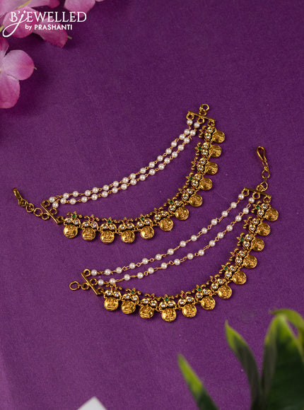 Antique triple layer maatal lakshmi design with kemp & cz stones and pearl hangings