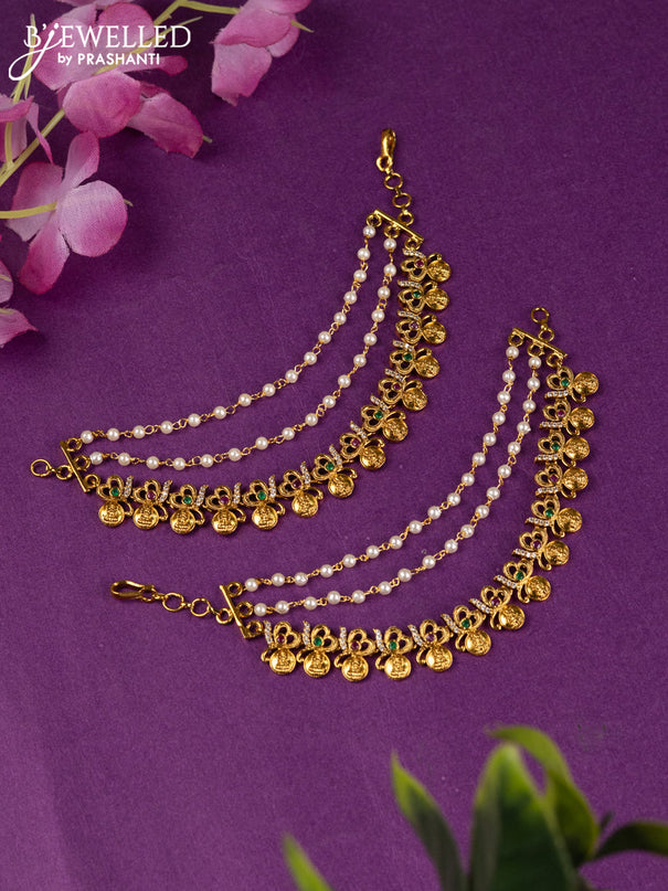 Antique triple layer maatal with lakshmi design and kemp &cz stones