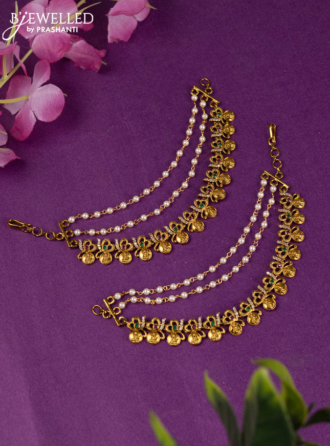 Antique triple layer maatal with lakshmi design and kemp &cz stones