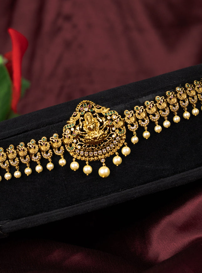 Antique hip chain lakshmi & peacock design with kemp & cz stones and pearl hangings