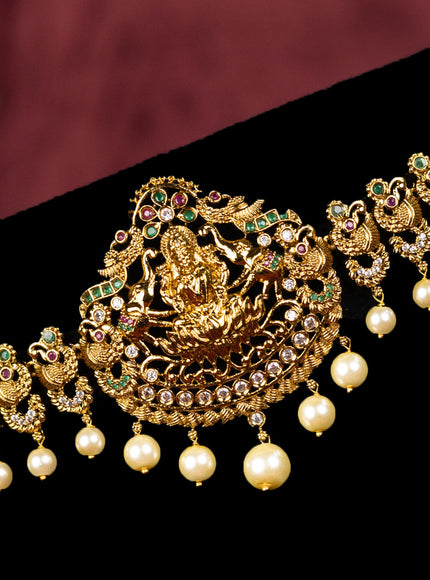 Antique hip chain lakshmi & peacock design with kemp & cz stones and pearl hangings