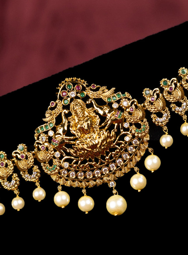 Antique hip chain lakshmi & peacock design with kemp & cz stones and pearl hangings
