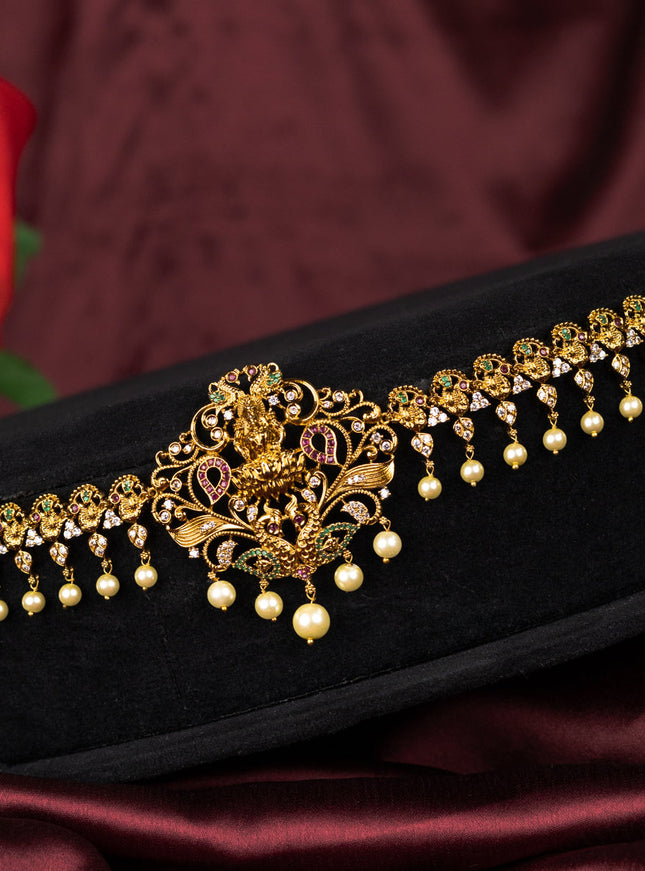 Antique hip chain lakshmi & peacock design with kemp & cz stones and pearl hangings